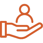 Orange hand supporting person icon representing personalized client service and bilingual legal support from experienced Costa Rica attorneys