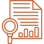 Orange magnifying glass examining legal documents with charts representing thorough due diligence and property title search services in Costa Rica